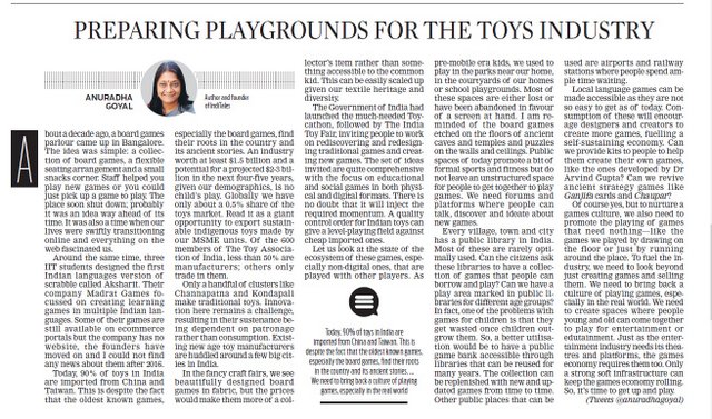 Preparing Playgrounds for Toys Industry published in New Indian Express Newspaper